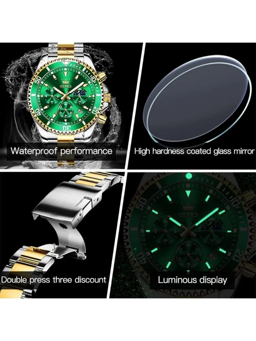 Mens Silver And Green Stainless Steel Chronograph Analog Waterproof Luxury Watch